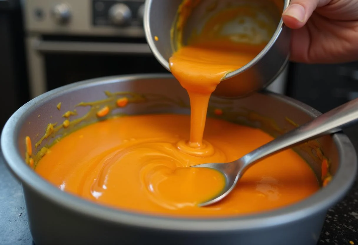 Mistura do bolo de laranja com coco sendo mexida em uma tigela.