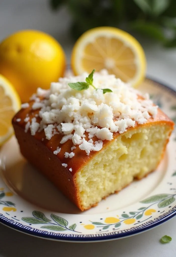 Bolo de limão com coco finalizado, decorado com glaze de limão, perfeito para servir.