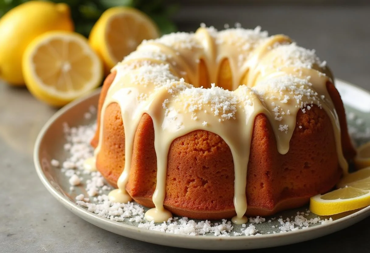 Bolo de limão com coco finalizado, decorado com glaze de limão, perfeito para servir.