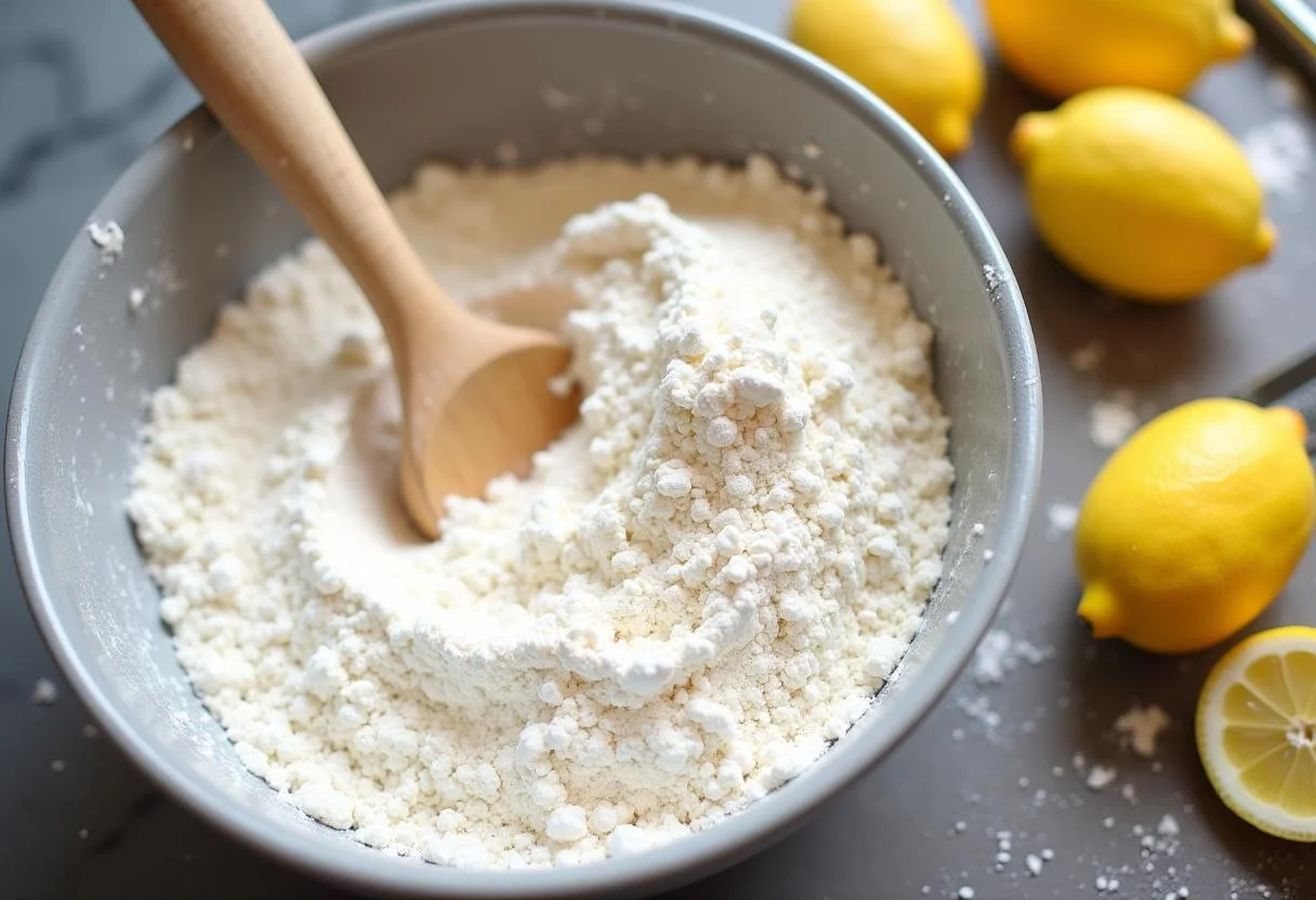 Mistura de farinha, açúcar e fermento para fazer bolo de limão com coco.