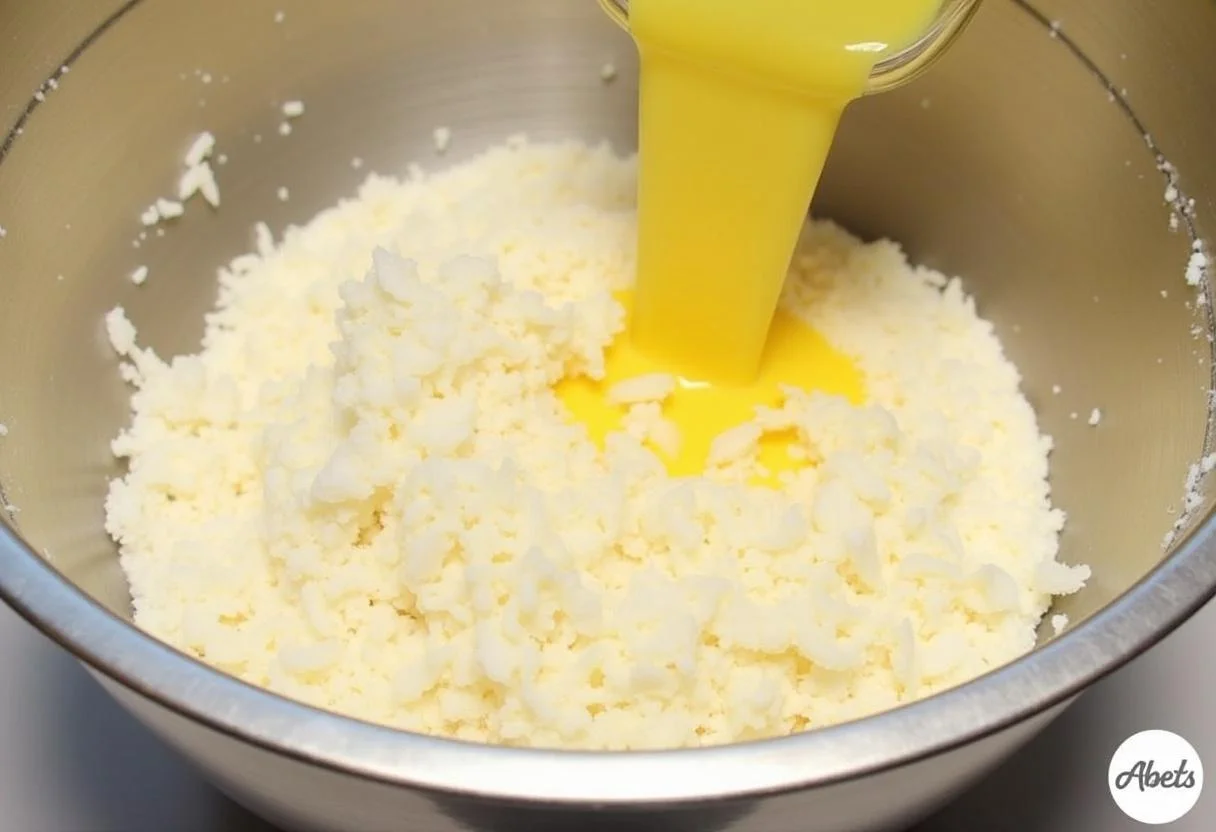 Suco de limão fresco sendo adicionado à mistura de bolo de limão com coco.