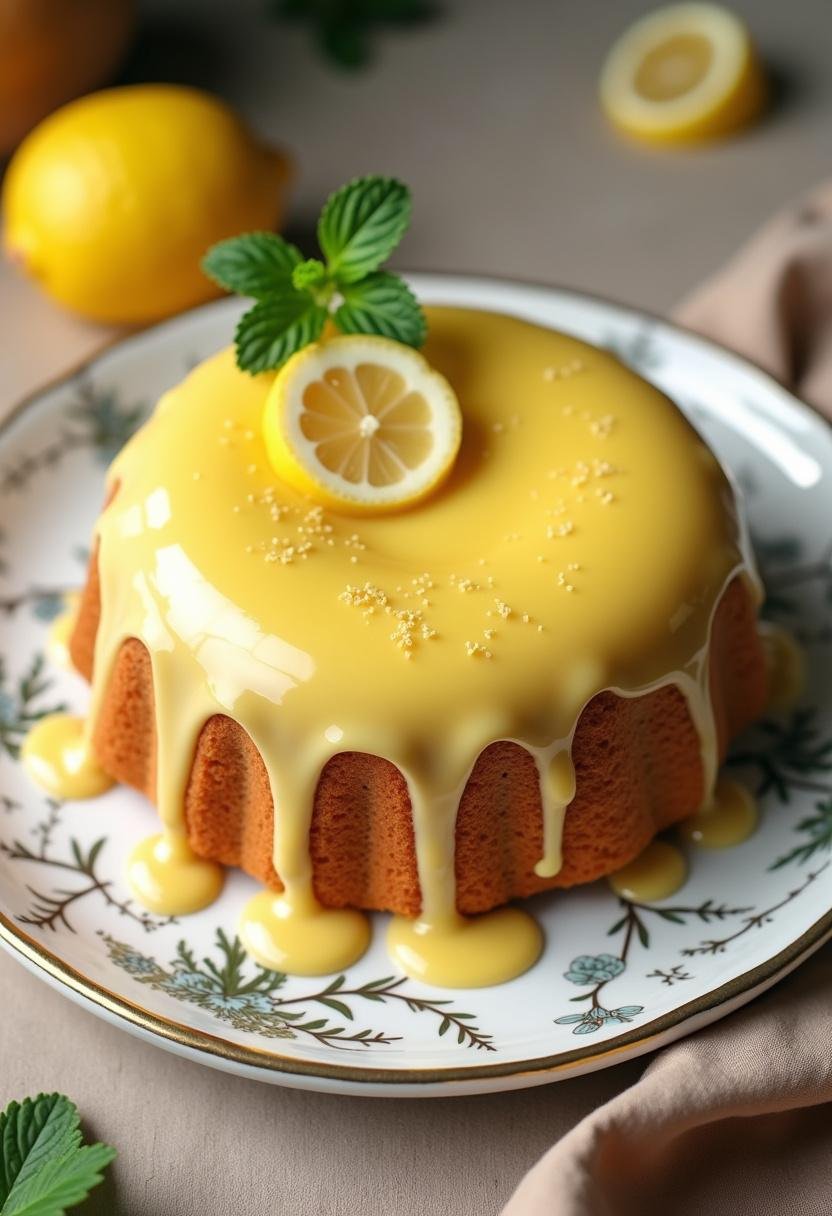 Bolo de limão com glacê finalizado, decorado com fatias de limão, perfeito para ocasiões especiais.