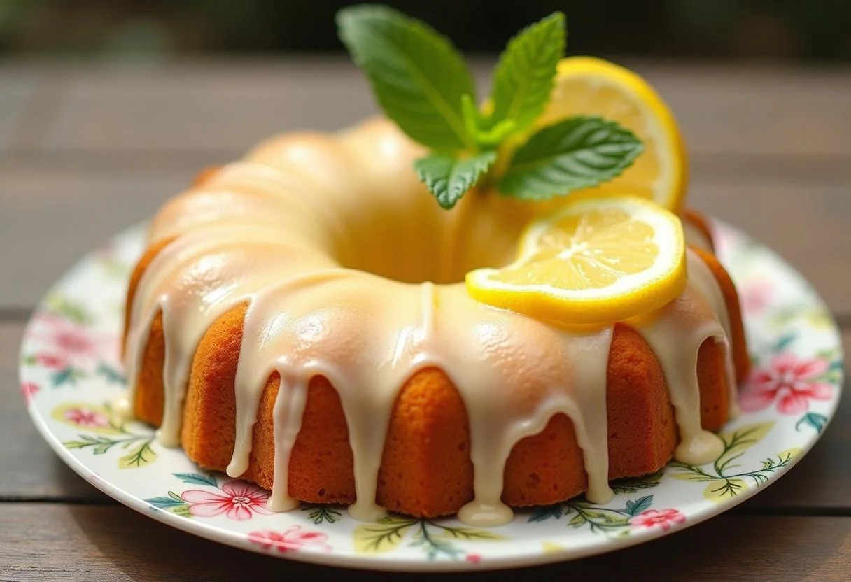 Bolo de limão com glacê finalizado, decorado com fatias de limão, perfeito para ocasiões especiais.