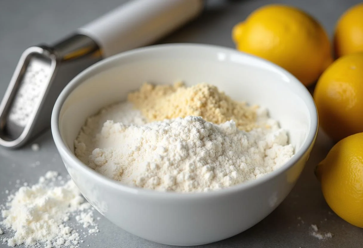 Ingredientes secos para bolo de limão, incluindo farinha, açúcar, fermento e raspas de limão.