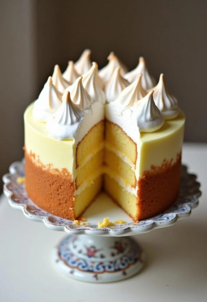 Bolo de Limão com Merengue finalizado e decorado, pronto para ser servido.