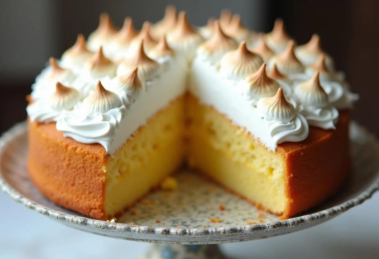 Bolo de Limão com Merengue finalizado e decorado, pronto para ser servido.