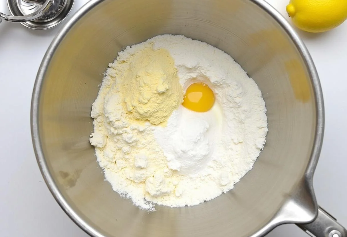 Mistura de farinha, açúcar e fermento para fazer Bolo de Limão com Merengue.