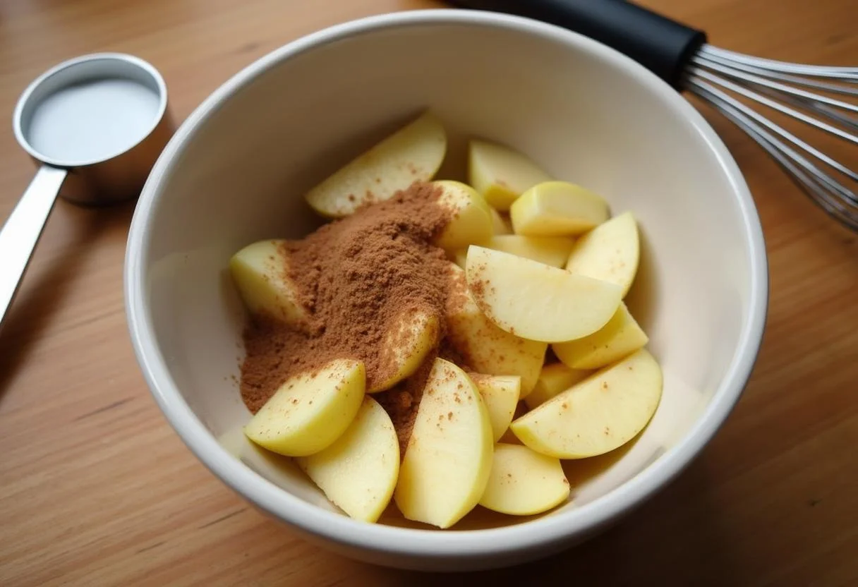 Maçãs fatiadas misturadas com canela e açúcar para Bolo de Maçã com Canela.