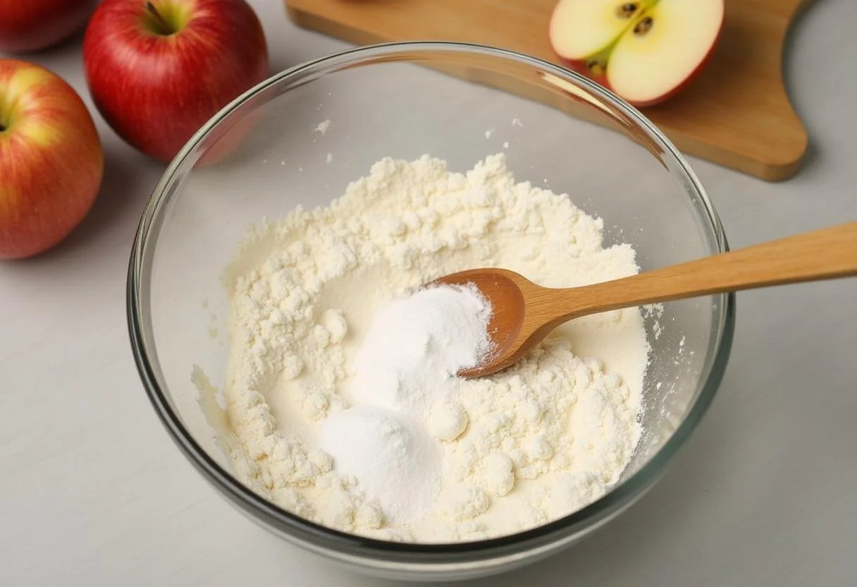 Mistura de farinha e fermento para Bolo de Maçã em preparação.