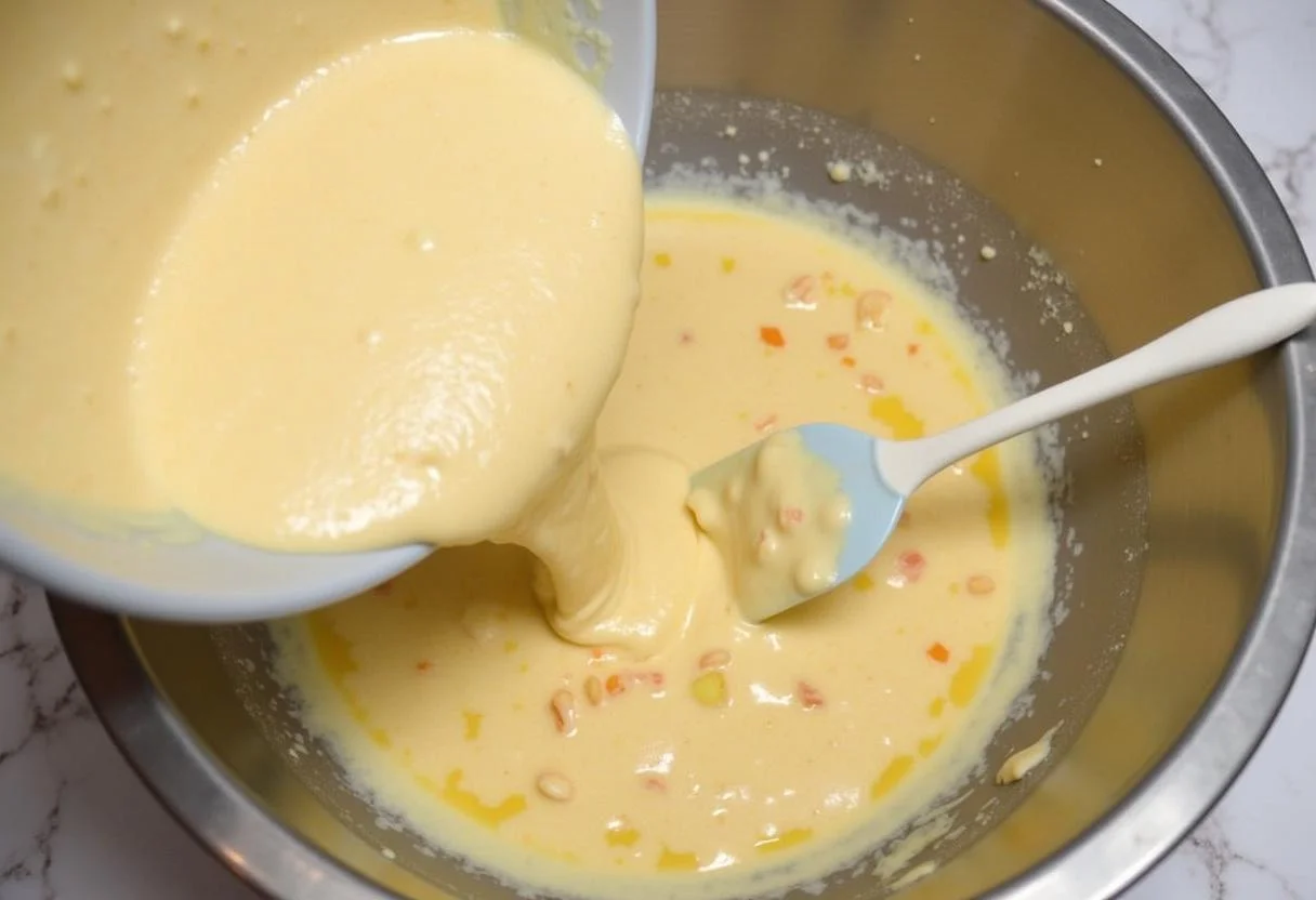 Massa do Bolo de Maçã com Canela sendo misturada com pedaços de maçã.