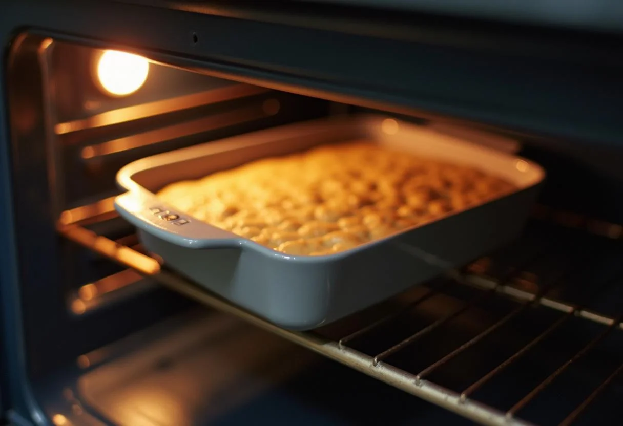 Forma de bolo com massa de maçã sendo colocada no forno para Bolo de Maçã com Canela.
