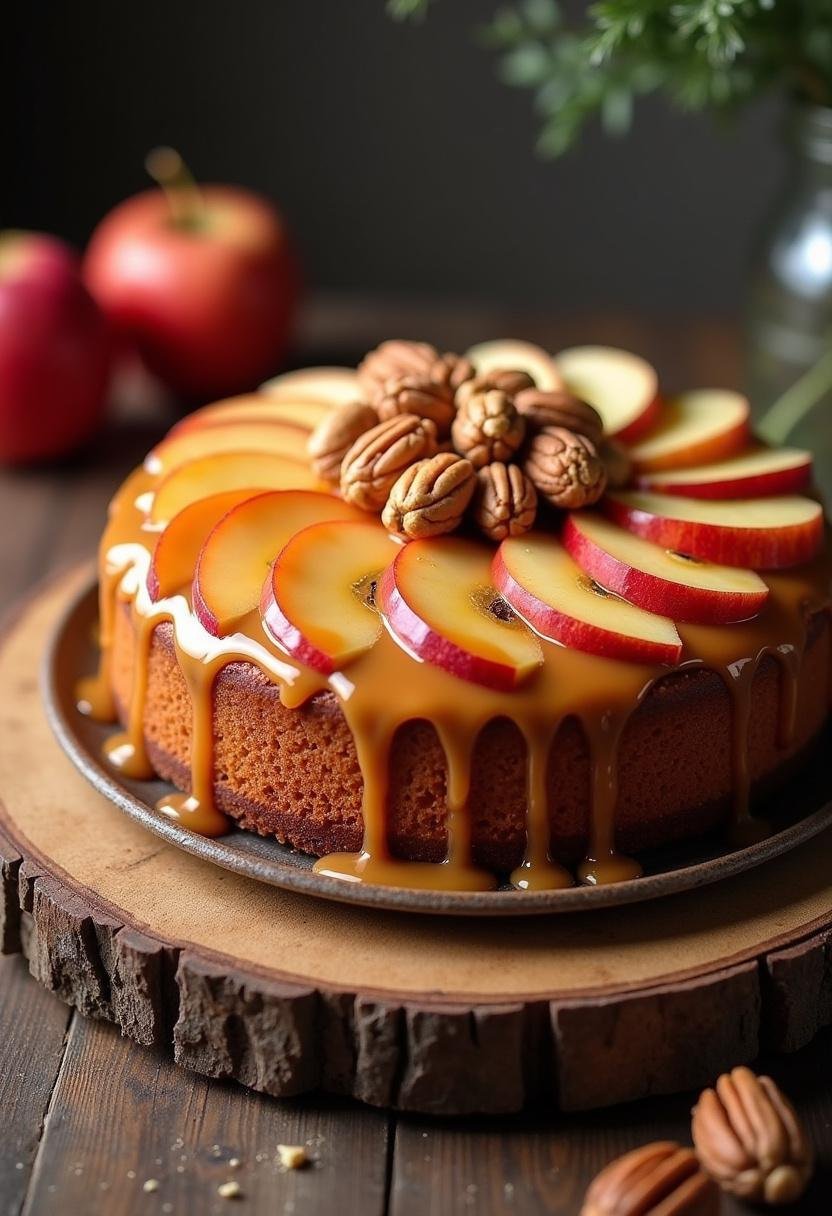 Bolo de Maçã com Caramelo servido em um prato, com calda de caramelo e decoração de hortelã.