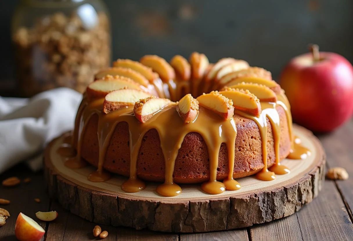 Bolo de Maçã com Caramelo servido em um prato, com calda de caramelo e decoração de hortelã.