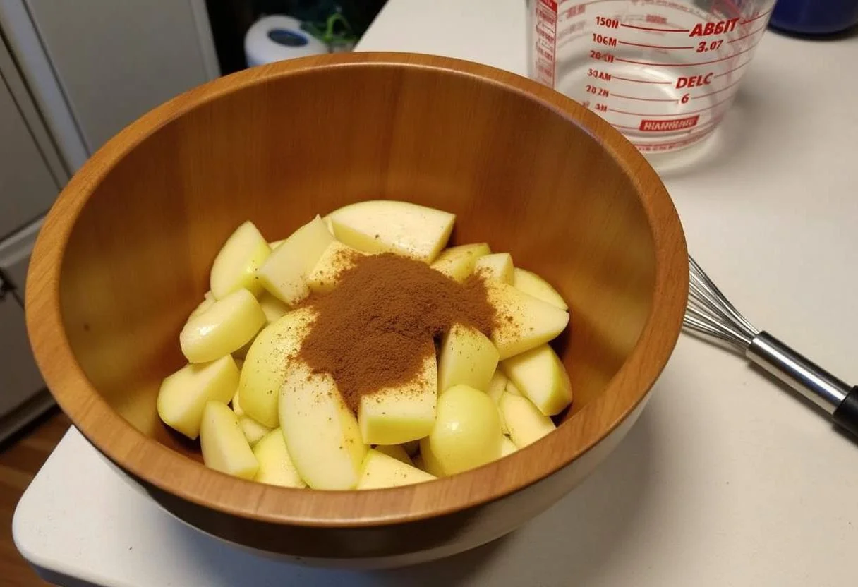 Maçãs fatiadas misturadas com açúcar e canela para o Bolo de Maçã com Caramelo.
