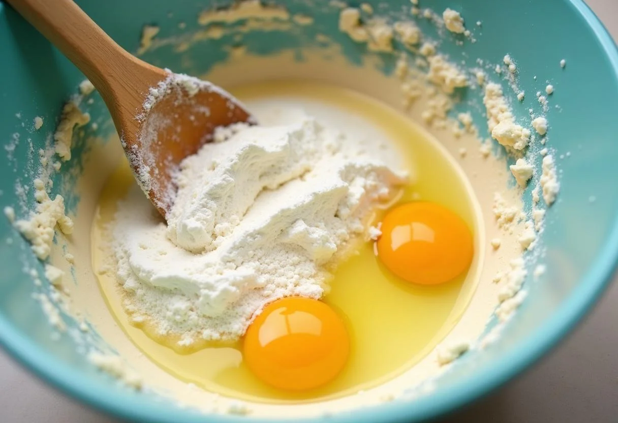 Massa do bolo sendo misturada com ingredientes para o Bolo de Maçã com Caramelo.
