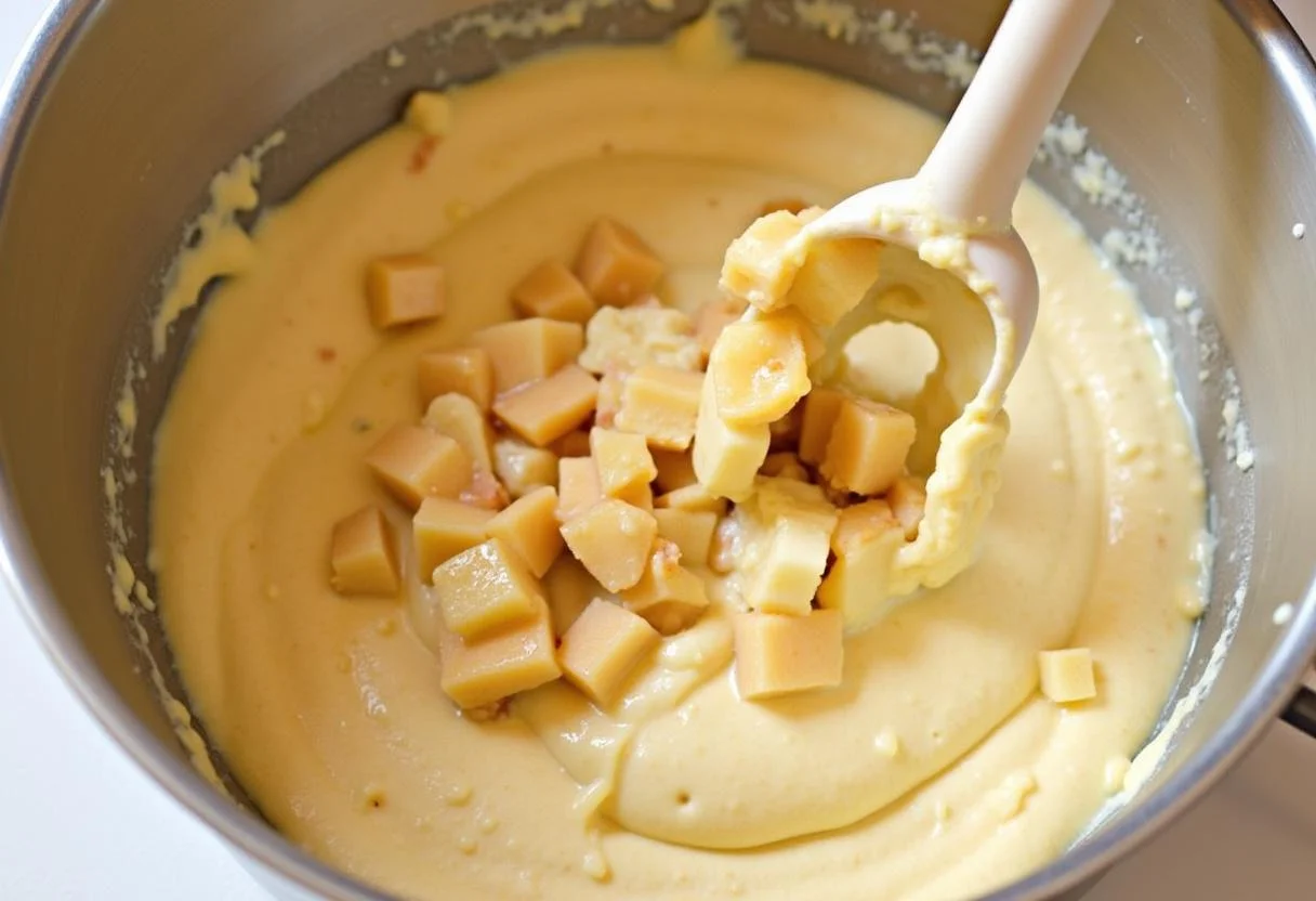 Preparação do Bolo de Maçã com Caramelo em uma forma untada.