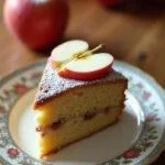 Bolo de maçã com nozes servido com açúcar de confeiteiro e decoração de maçã, perfeito para qualquer ocasião.