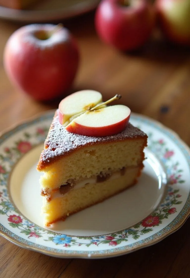 Bolo de Maçã com Nozes finalizado, decorado com açúcar de confeiteiro e fatias de maçã.