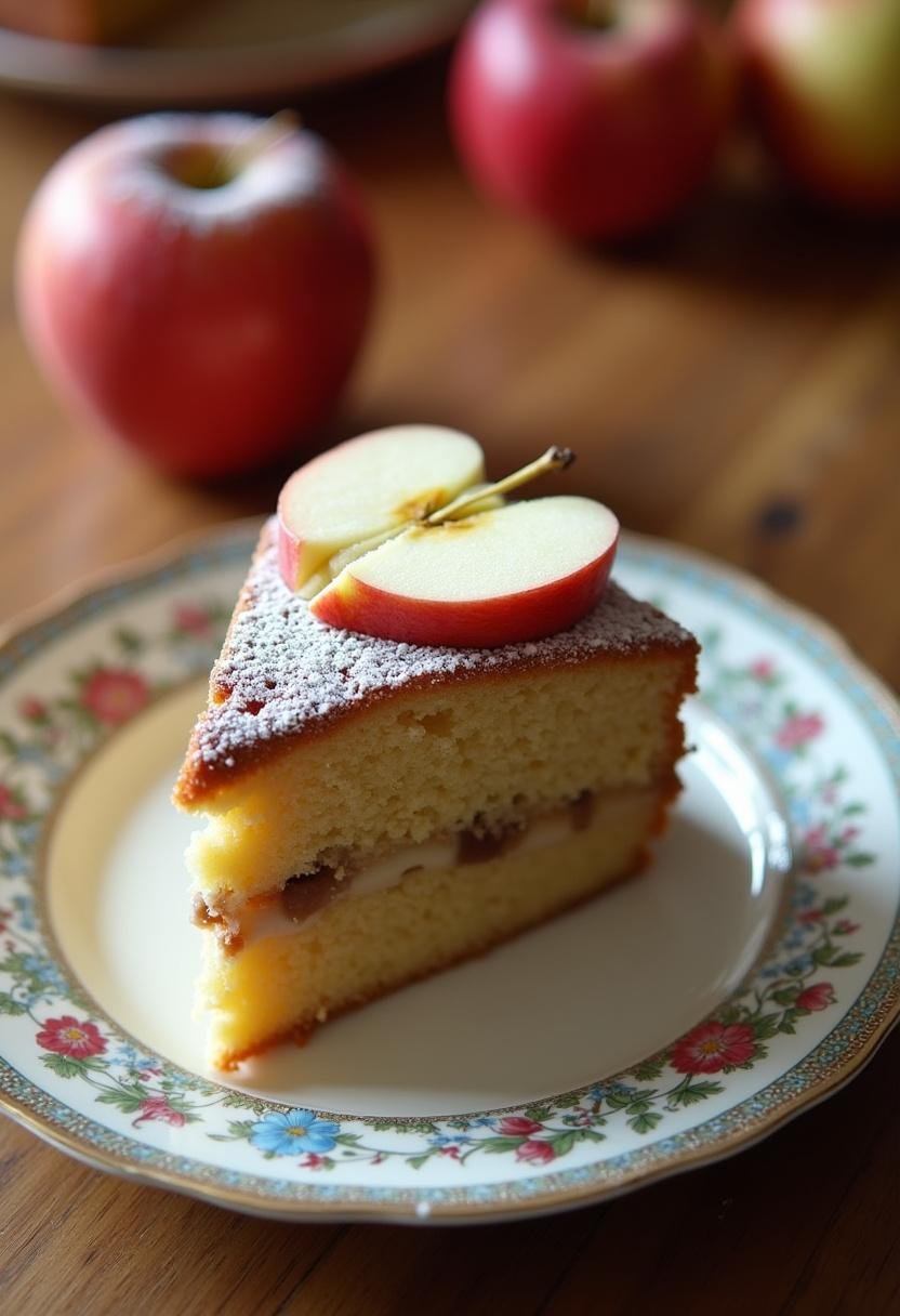 Bolo de Maçã com Nozes finalizado, decorado com açúcar de confeiteiro e fatias de maçã.