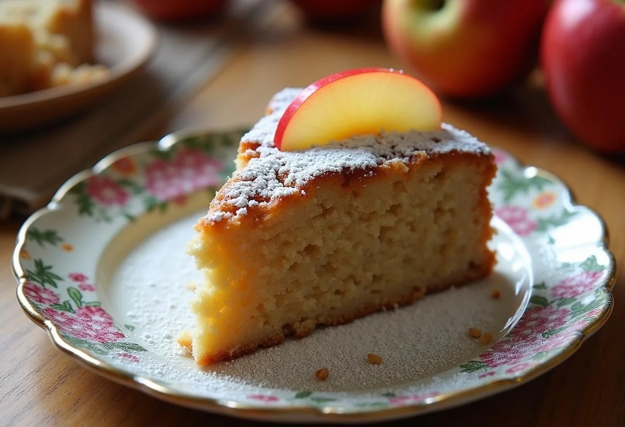 Bolo de Maçã com Nozes finalizado, decorado com açúcar de confeiteiro e fatias de maçã.