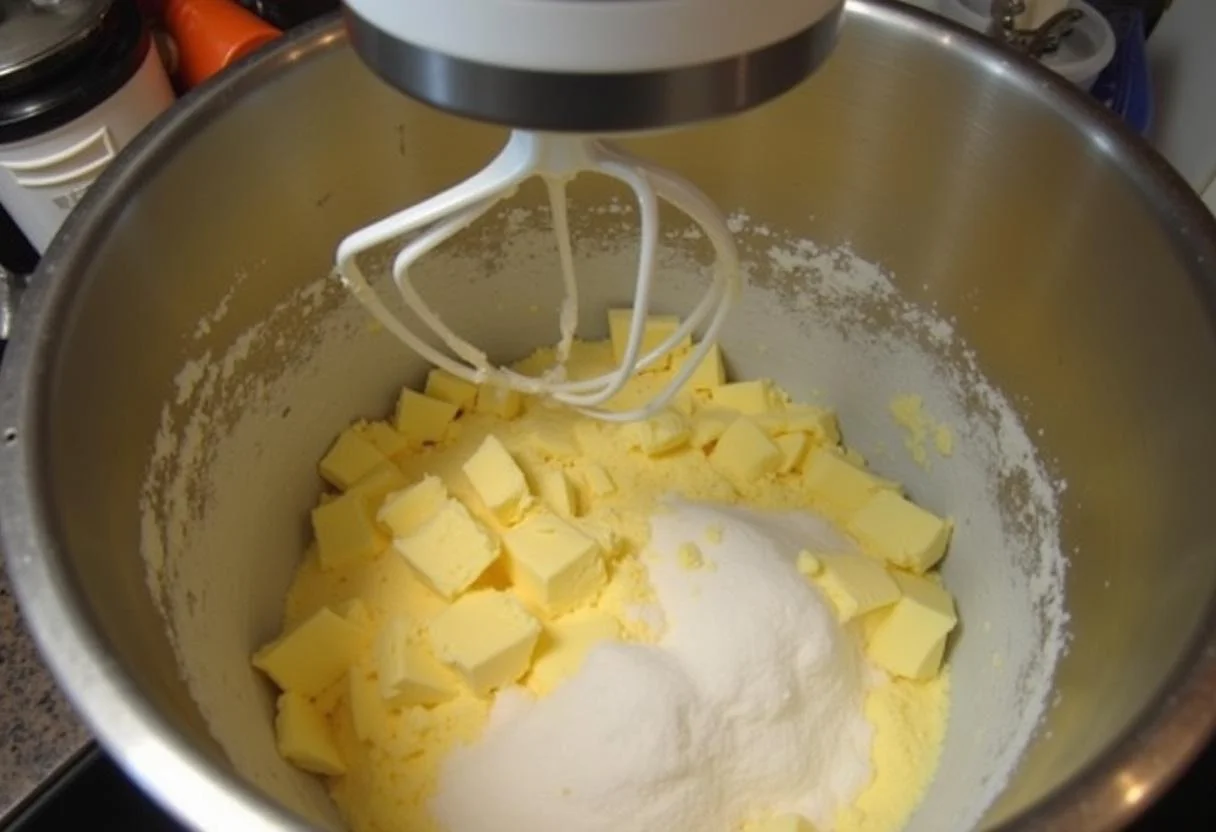 Maçãs fatiadas sendo adicionadas à mistura para Bolo de Maçã com Nozes.