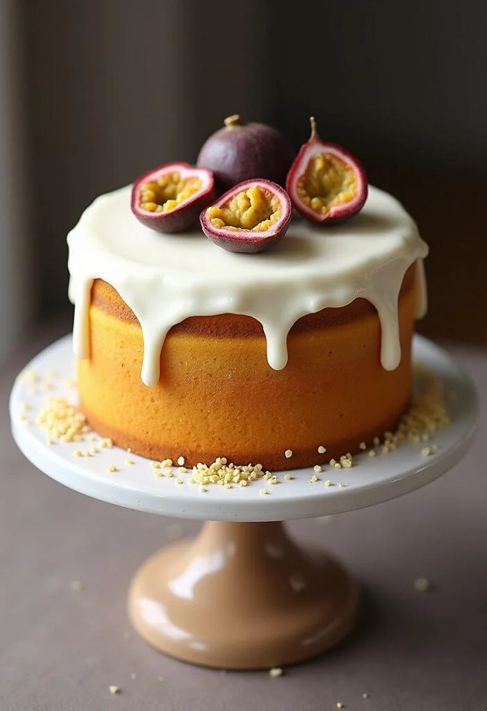 Bolo de Maracujá finalizado com glacê e sementes de maracujá, perfeito para servir.