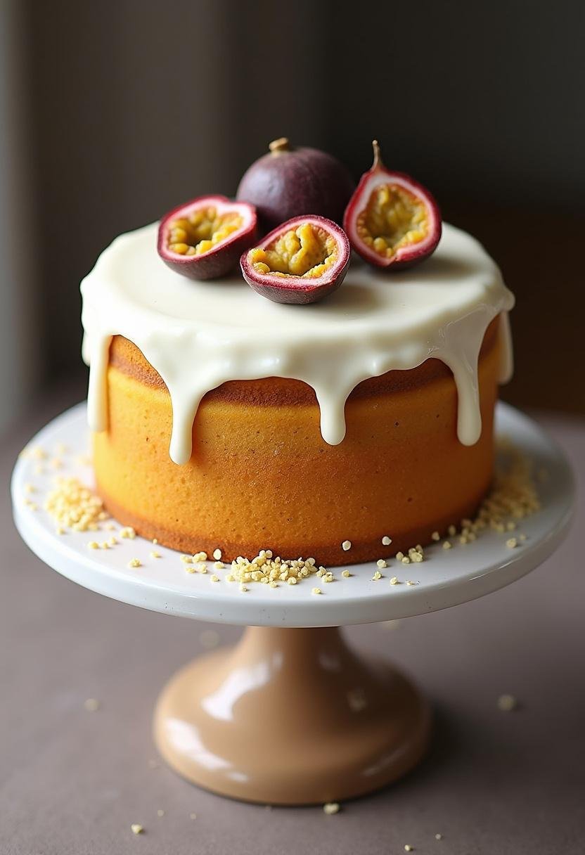Bolo de Maracujá finalizado com glacê e sementes de maracujá, perfeito para servir.