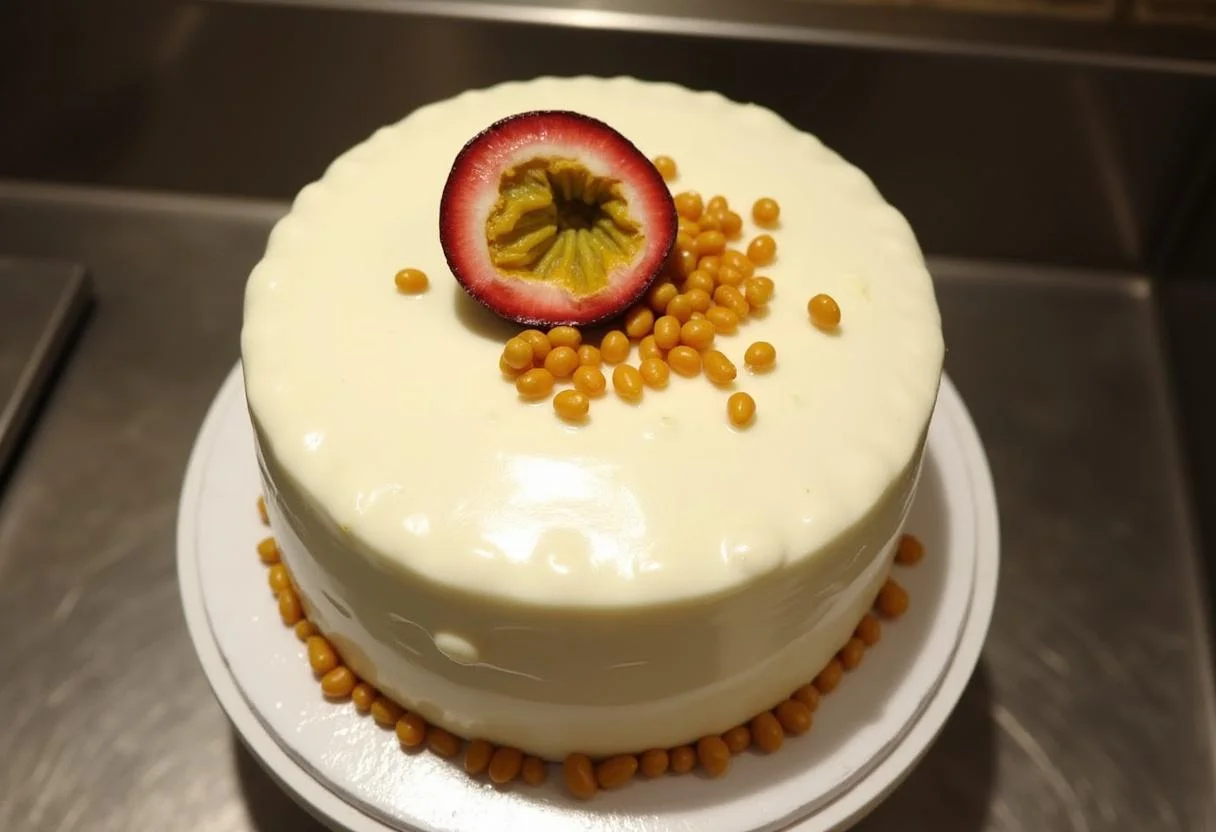 Bolo de Maracujá finalizado com glacê e sementes de maracujá, perfeito para servir.