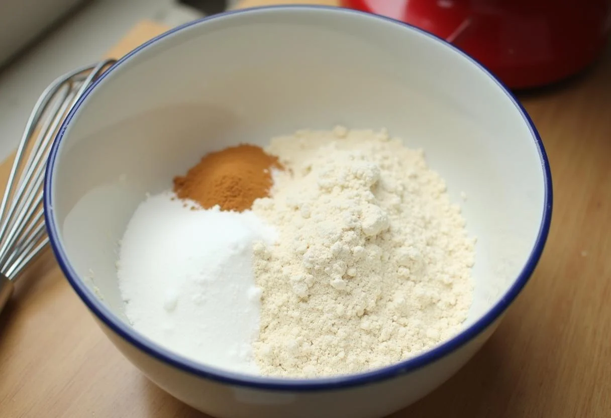 Ingredientes secos do Bolo de Maracujá, incluindo farinha, açúcar e fermento em pó na tigela.