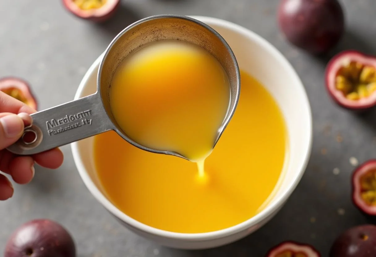 Suco de maracujá fresco sendo adicionado à mistura do bolo de maracujá.