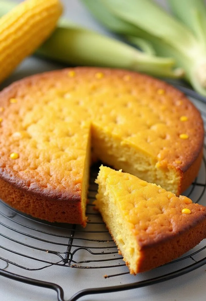 Bolo de milho verde fofinho pronto para servir, com aparência deliciosa e fofinha.