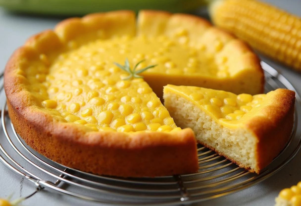 Bolo de milho verde fofinho pronto para servir, com aparência deliciosa e fofinha.