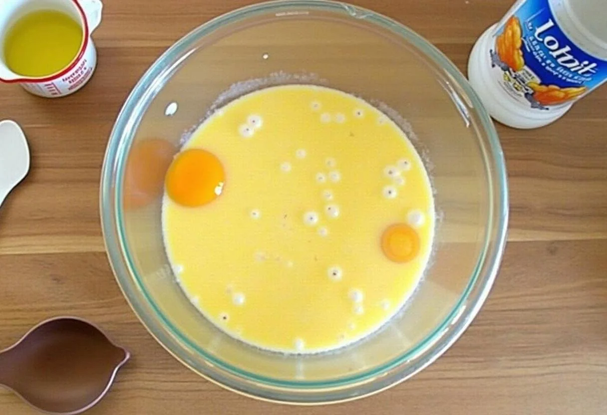 Mistura de milho, leite e ovos em uma tigela para bolo de milho verde fofinho.