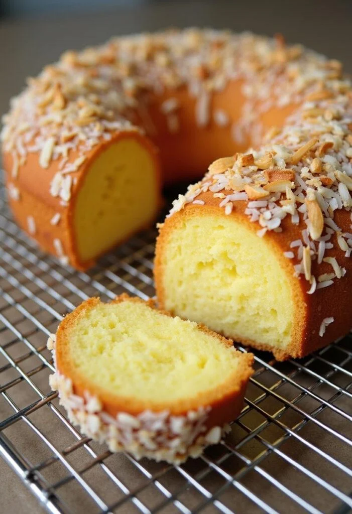 Bolo de Milho com Coco assado, com interior úmido e decorado com coco tostado.