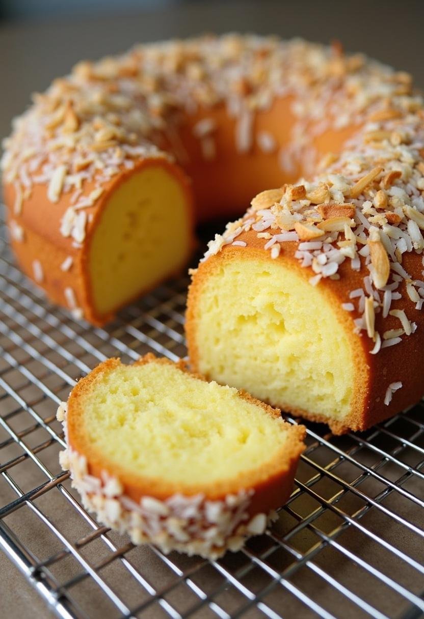 Bolo de Milho com Coco assado, com interior úmido e decorado com coco tostado.