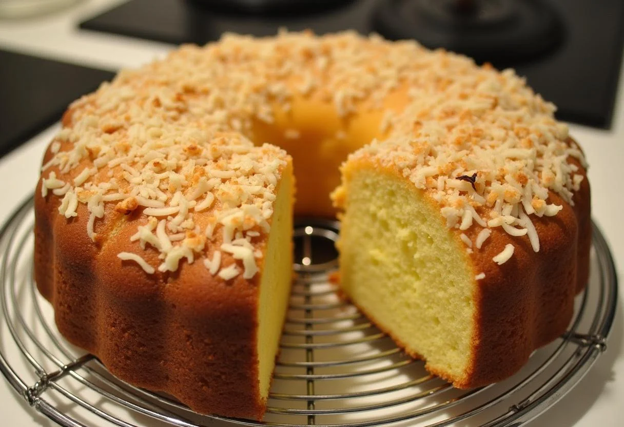 Bolo de Milho com Coco assado, com interior úmido e decorado com coco tostado.