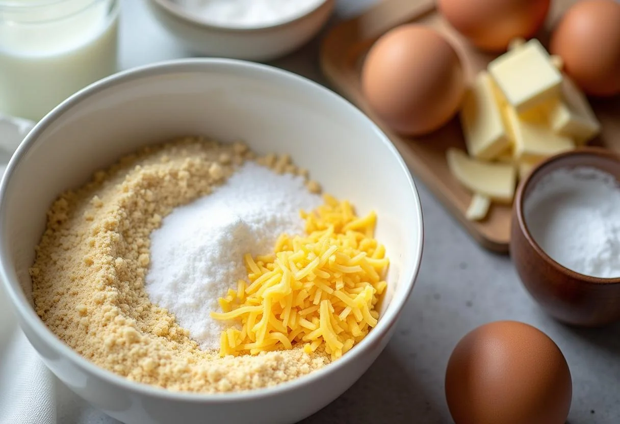 Ingredientes para Bolo de Milho com Coco incluindo farinha de milho, açúcar e coco ralado.