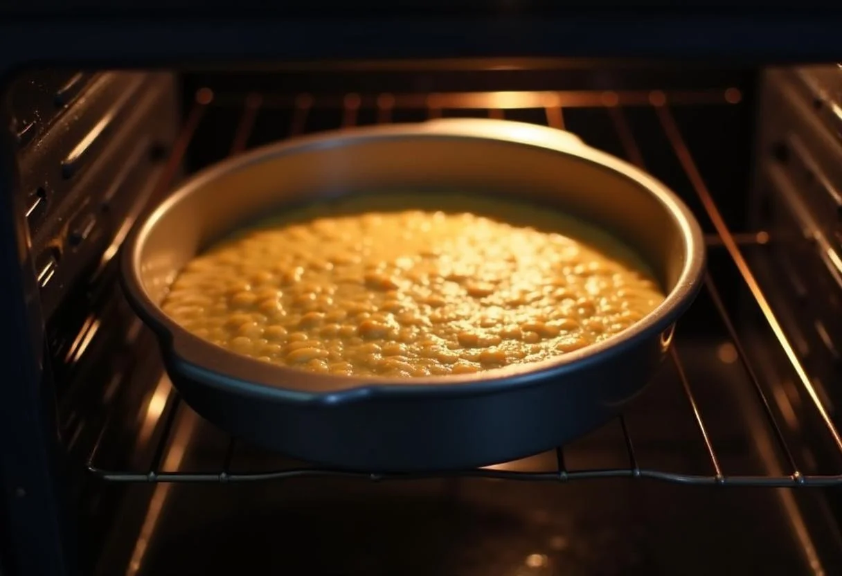 Panela de Bolo de Milho com Coco sendo colocada no forno pré-aquecido.