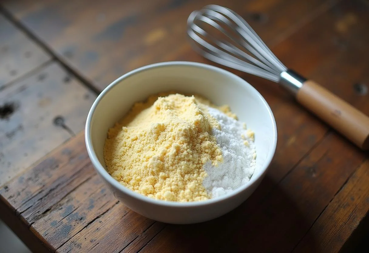 Ingredientes para o Bolo de Milho com Requeijão, como fubá, açúcar e ovos em uma tigela de mistura.