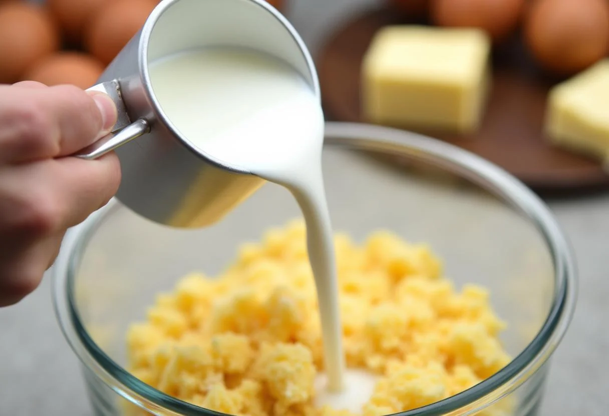 Adição de requeijão na mistura de bolo de milho, essencial para a receita de Bolo de Milho com Requeijão.