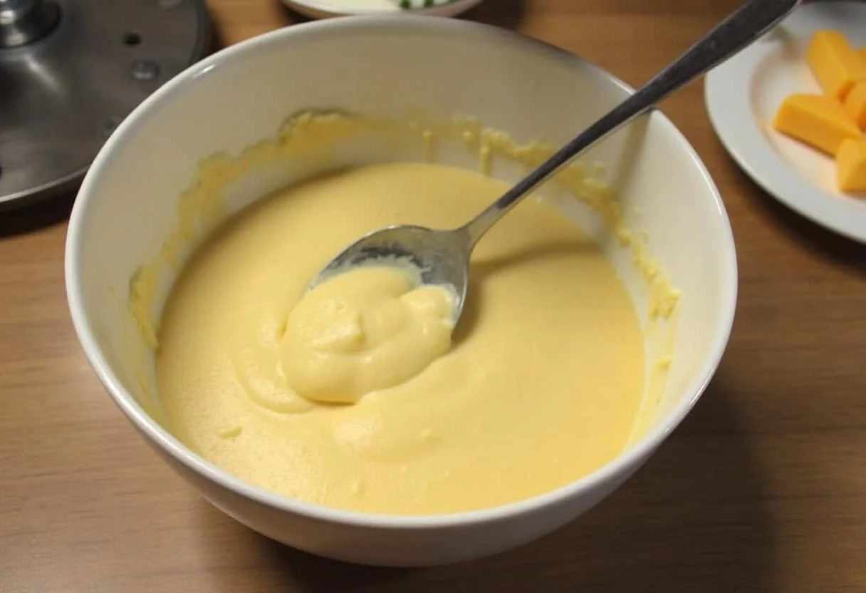 Mistura do bolo de milho sendo despejada em uma forma untada para o Bolo de Milho com Requeijão.