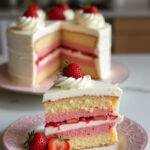 Fatia de Bolo de Morango com Chantilly bem decorada, perfeita para qualquer ocasião.