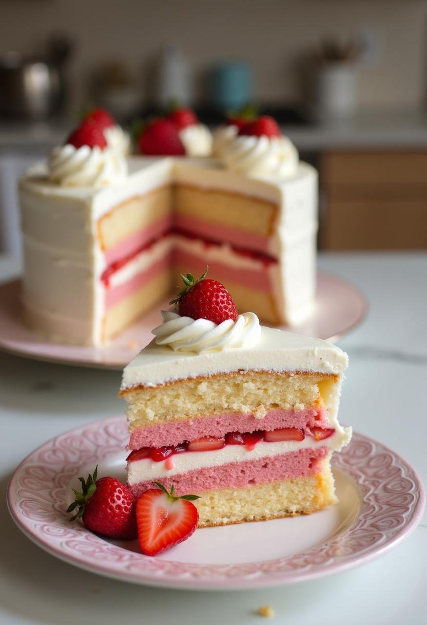 Bolo de Morango com Chantilly decorado e pronto para servir.