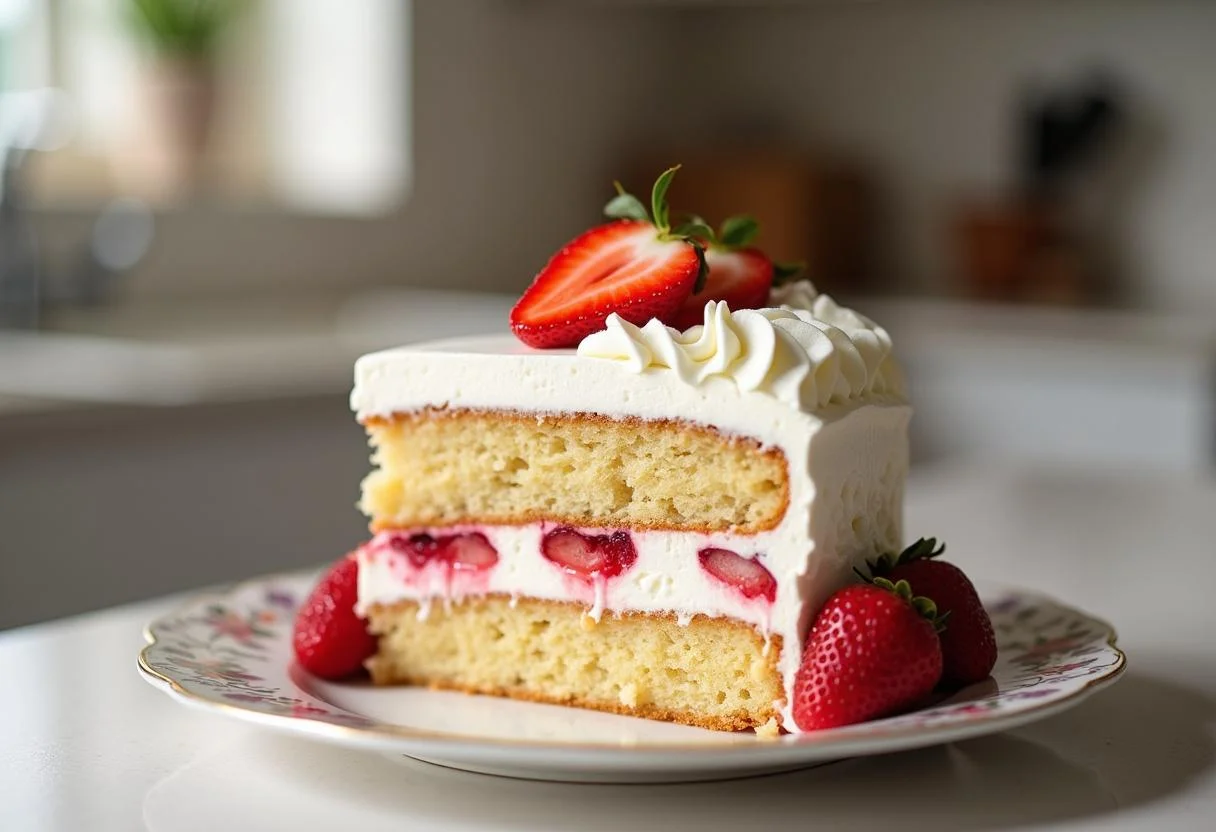 Bolo de Morango com Chantilly decorado e pronto para servir.
