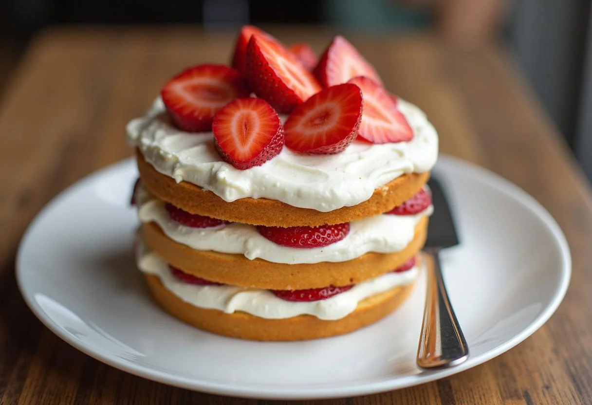 Bolo de morango montado com chantilly e morangos frescos para servir.