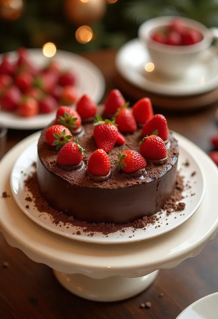 Bolo de morango com chocolate finalizado, decorado com morangos e raspas de chocolate, ideal para festas.