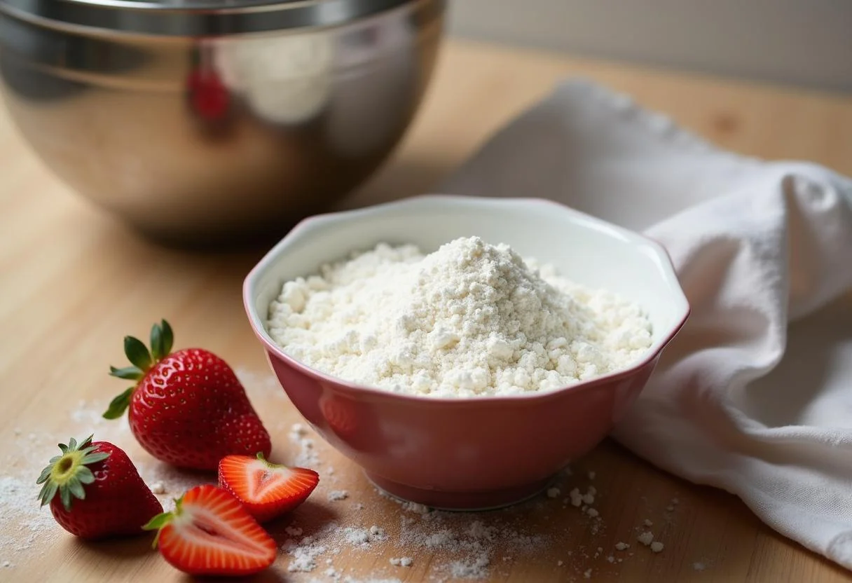 Ingredientes para bolo de morango com chocolate, mostrando farinha, açúcar e morangos frescos.