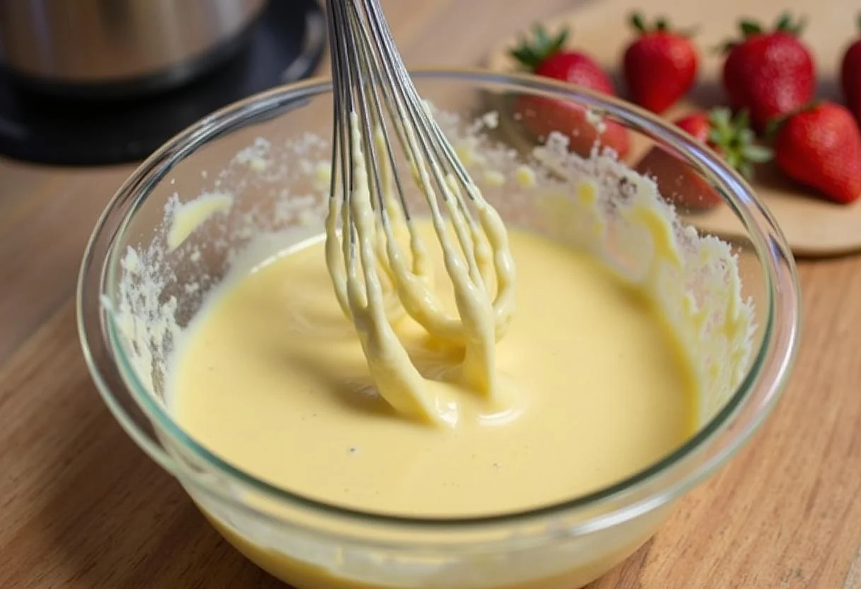 Mistura cremosa sendo preparada para o bolo de morango com chocolate, antes de adicionar os morangos.