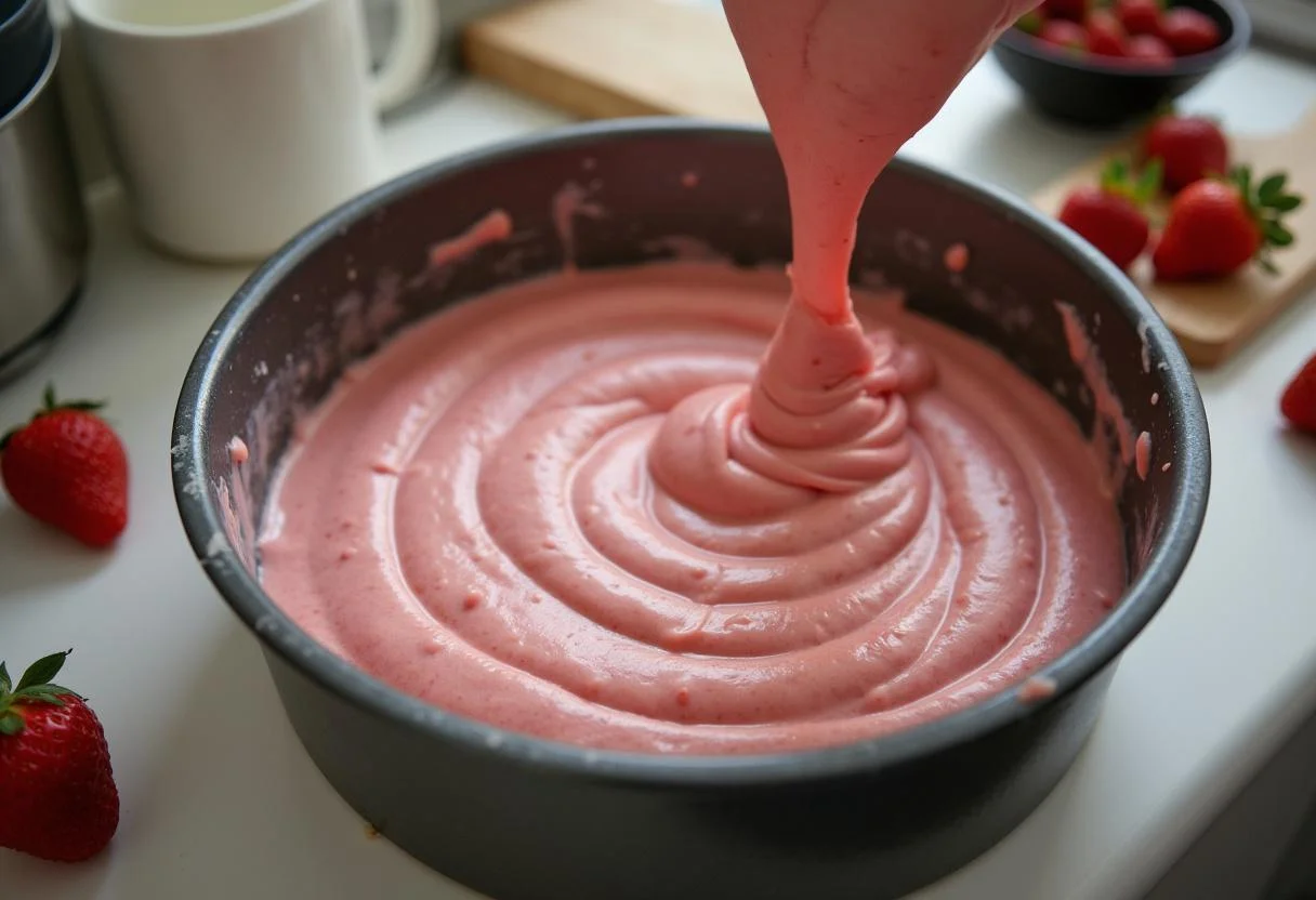 Forma de bolo sendo preenchida com a massa de morango para o bolo de morango com chocolate.