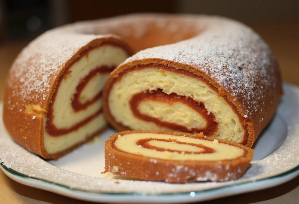Bolo de Rolo fatiado e pronto para servir, com camadas de massa e goiabada em espiral.